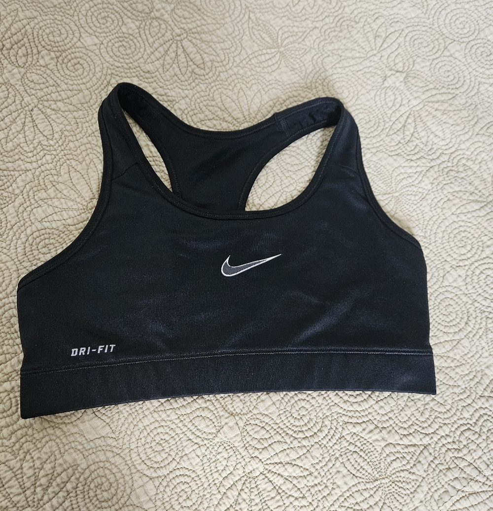 Nike Dri Fit Unpadded Sports Bra, Black, Size Medium, Front Center Swoosh